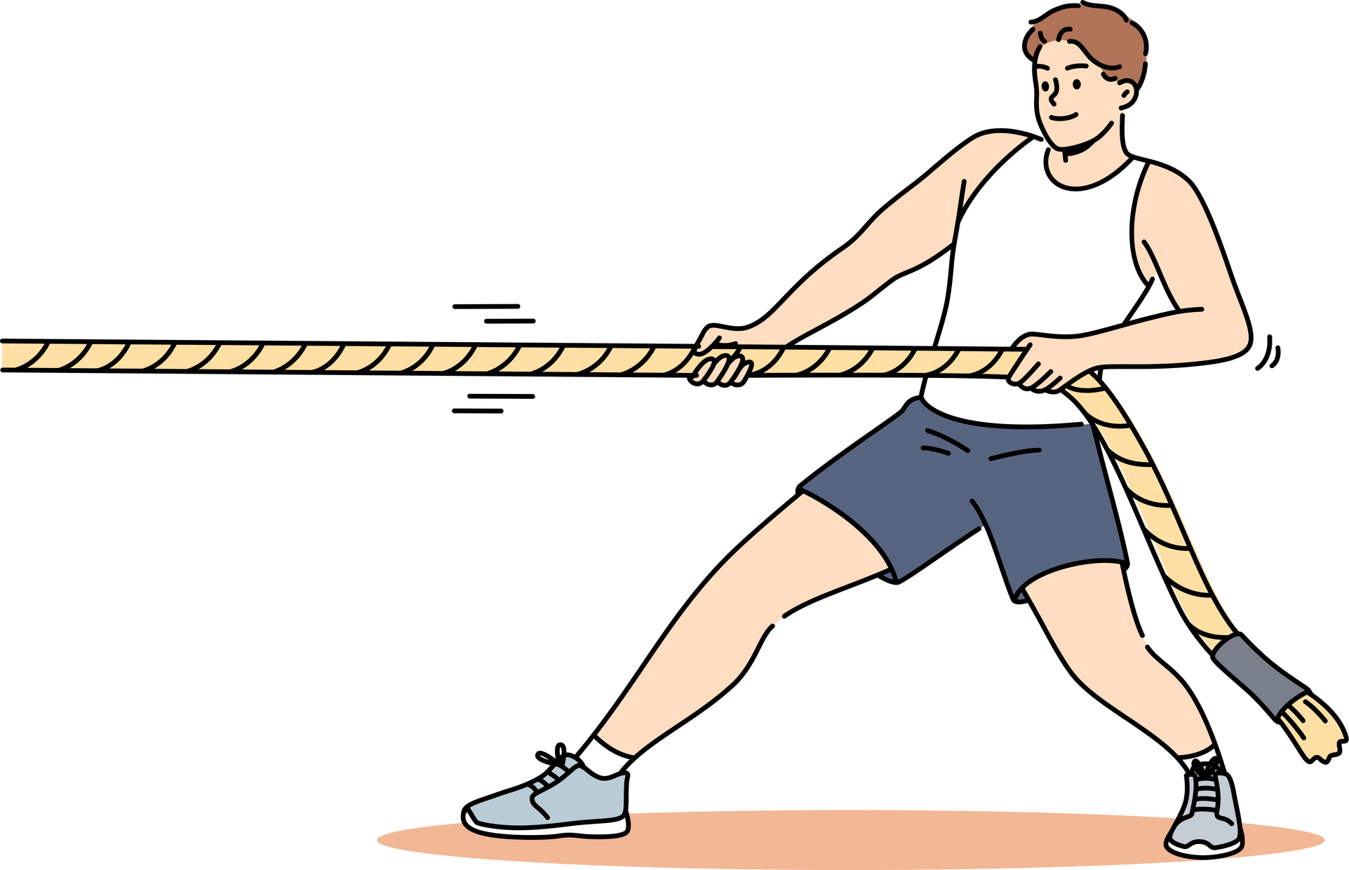 Strong man pulls rope while participating in sports competitions or training in fitness club